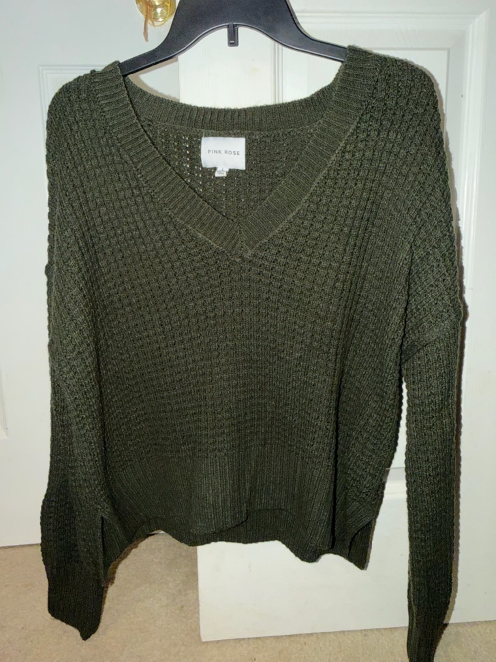 Pink Rose Olive Green V-Neck Waffle Knit Sweater